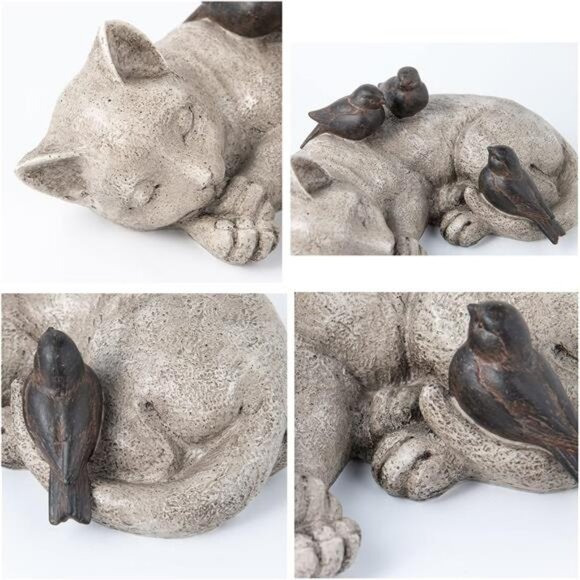 Sleeping Cat Garden Statues Outdoor- 12"Sparrows On Cat Figurine Memorial Statue - Picture 3 of 7